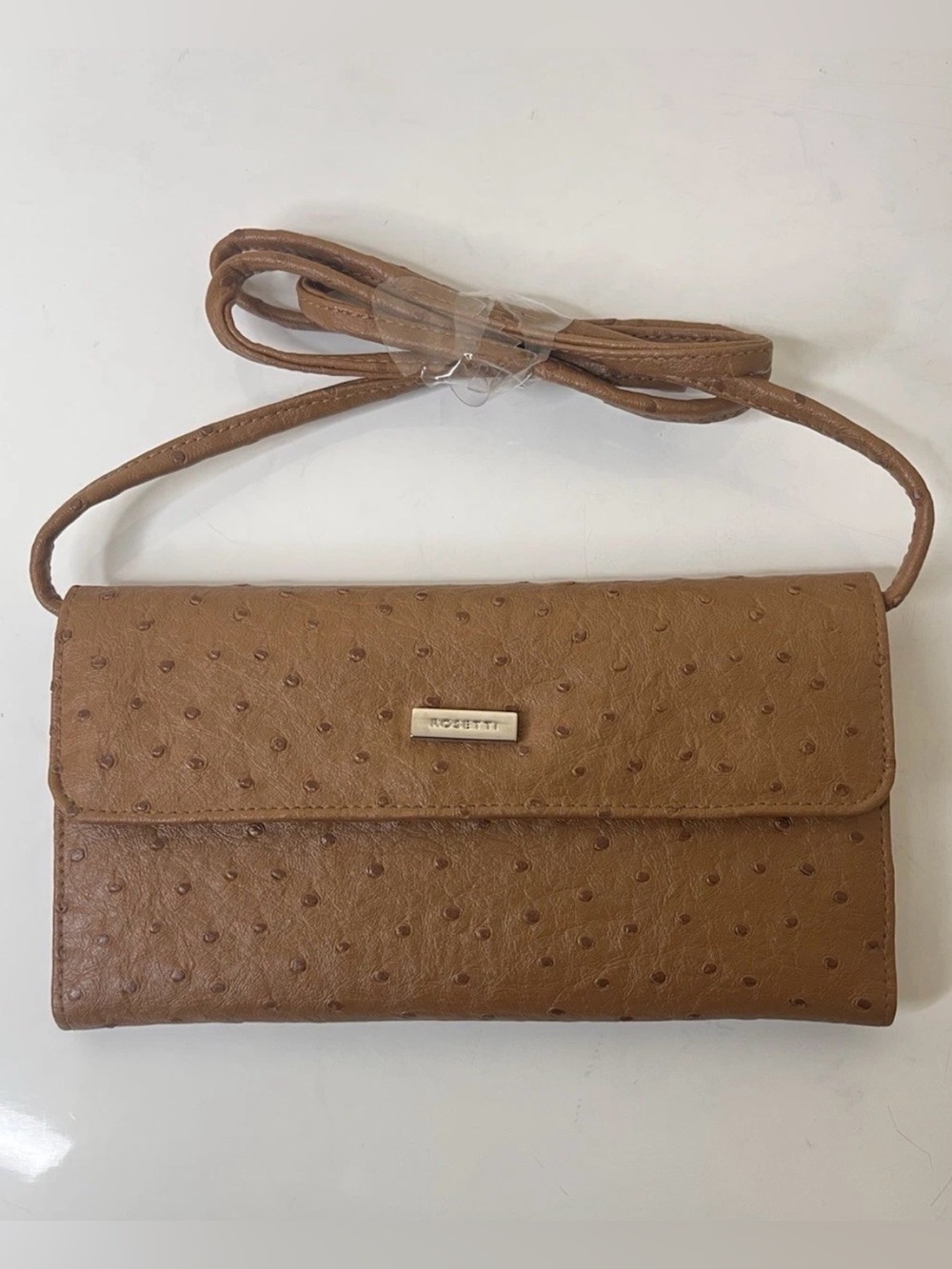 Rosetti Brown Faux Ostrich Embossed Foldable Crossbody Wallet Clutch NWOT